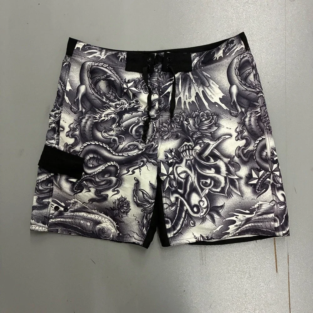 Joe Boxer Y2K Mens Large Tattoo Print Board Shorts Dragon Skull Rose Black White